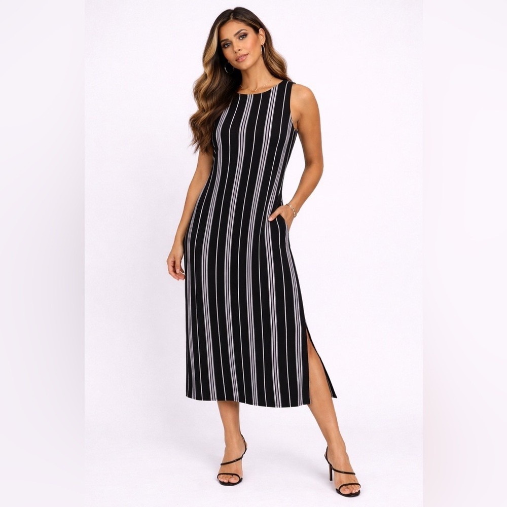 Vince Camuto‎ Womens Black White Striped Sleeveless Pocket Midi Shift Dress 2